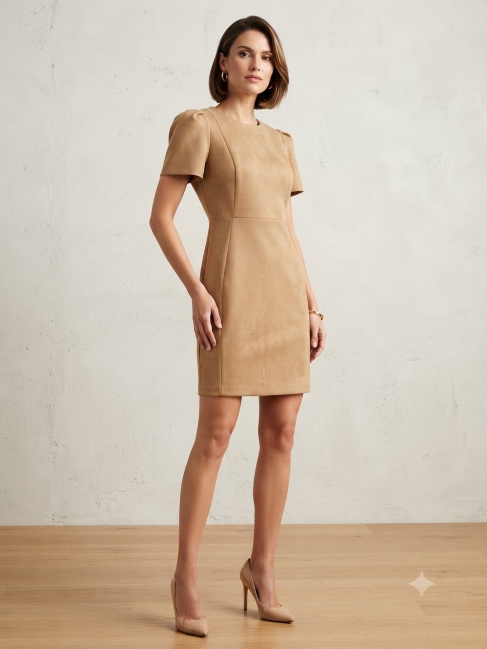 Calvin Klein Tailored Short-Sleeve Suede - Like Midi Dress in Camel